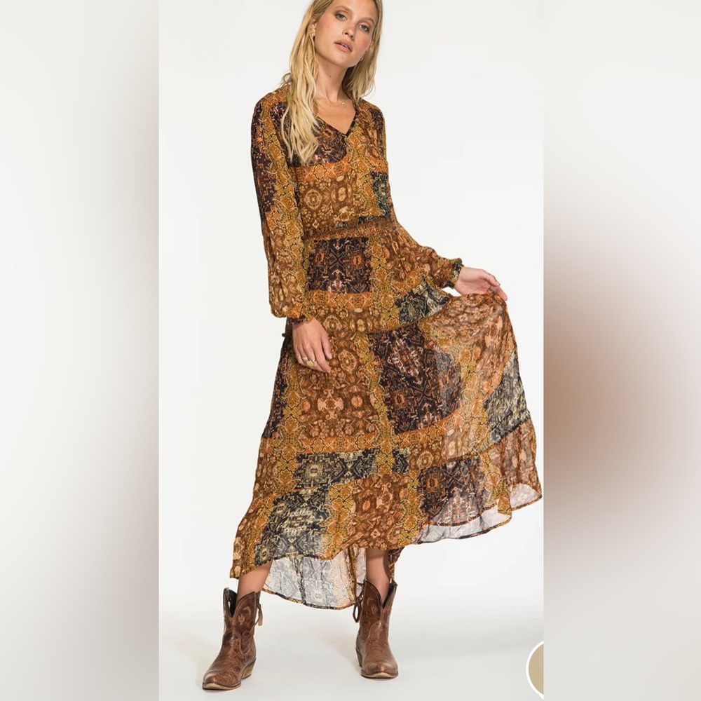 NIGHTCAP *Los Olivos* brown boho hippie print maxi dress XS